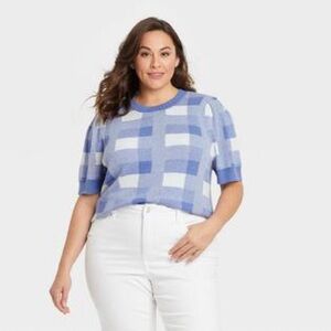 Ava and Viv Womens Short Sleeve Sweater Size 1X Blue Plaid Ribbed Hem and Cuffs